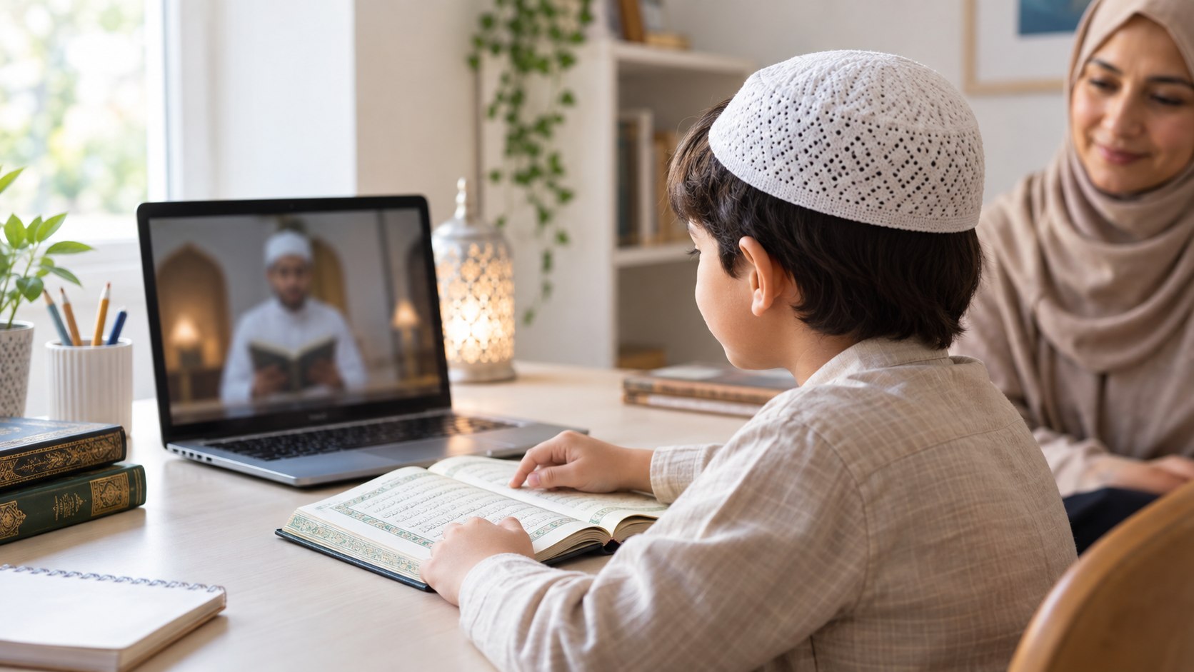 Student following a calm and predictable online Quran lesson with a supportive tutor