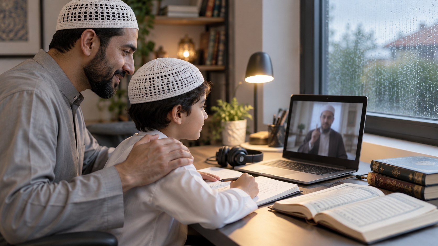 Parent and child joining an online Quran lesson at home