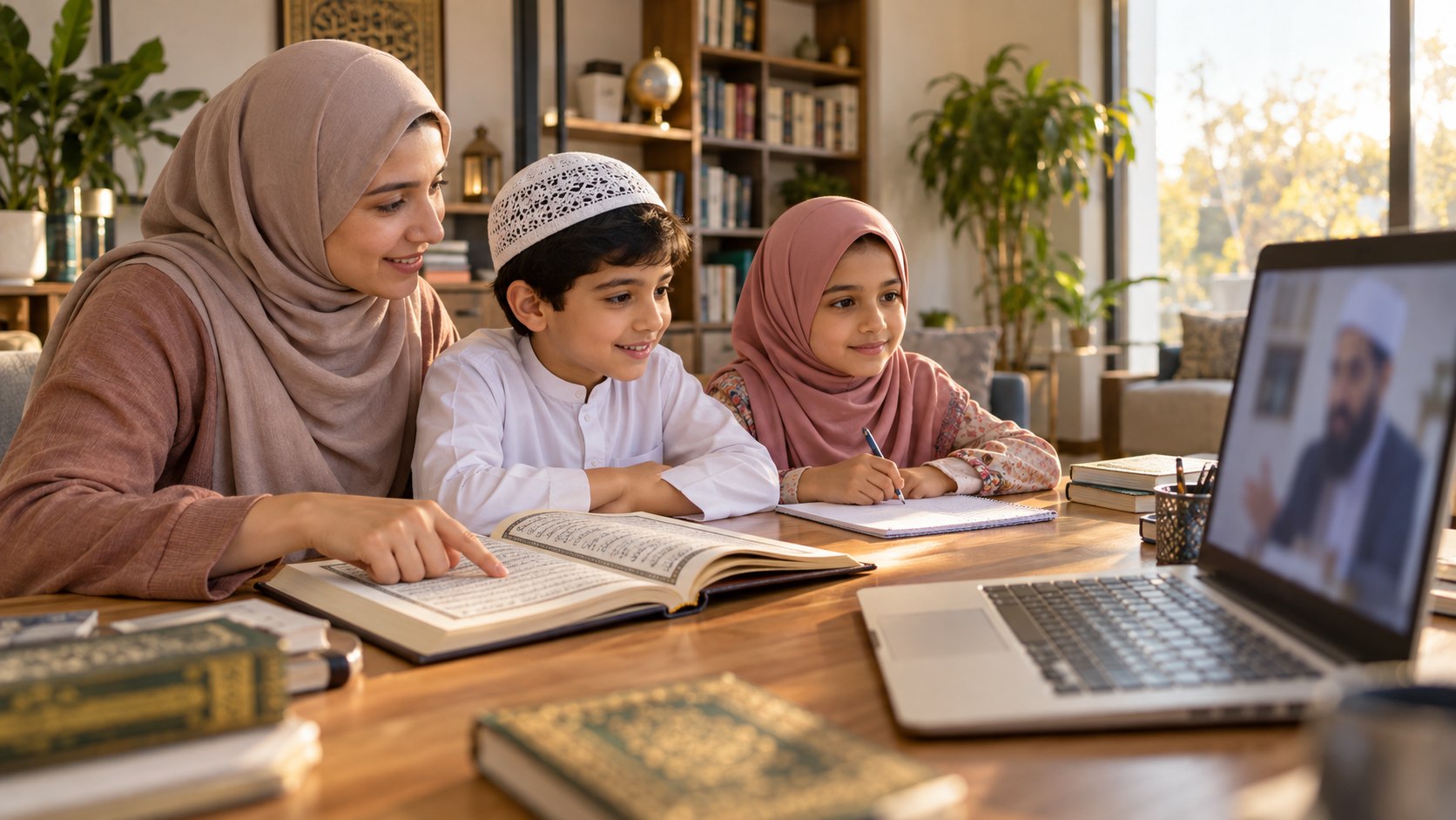 Muslim family learning Quran together online with live teacher