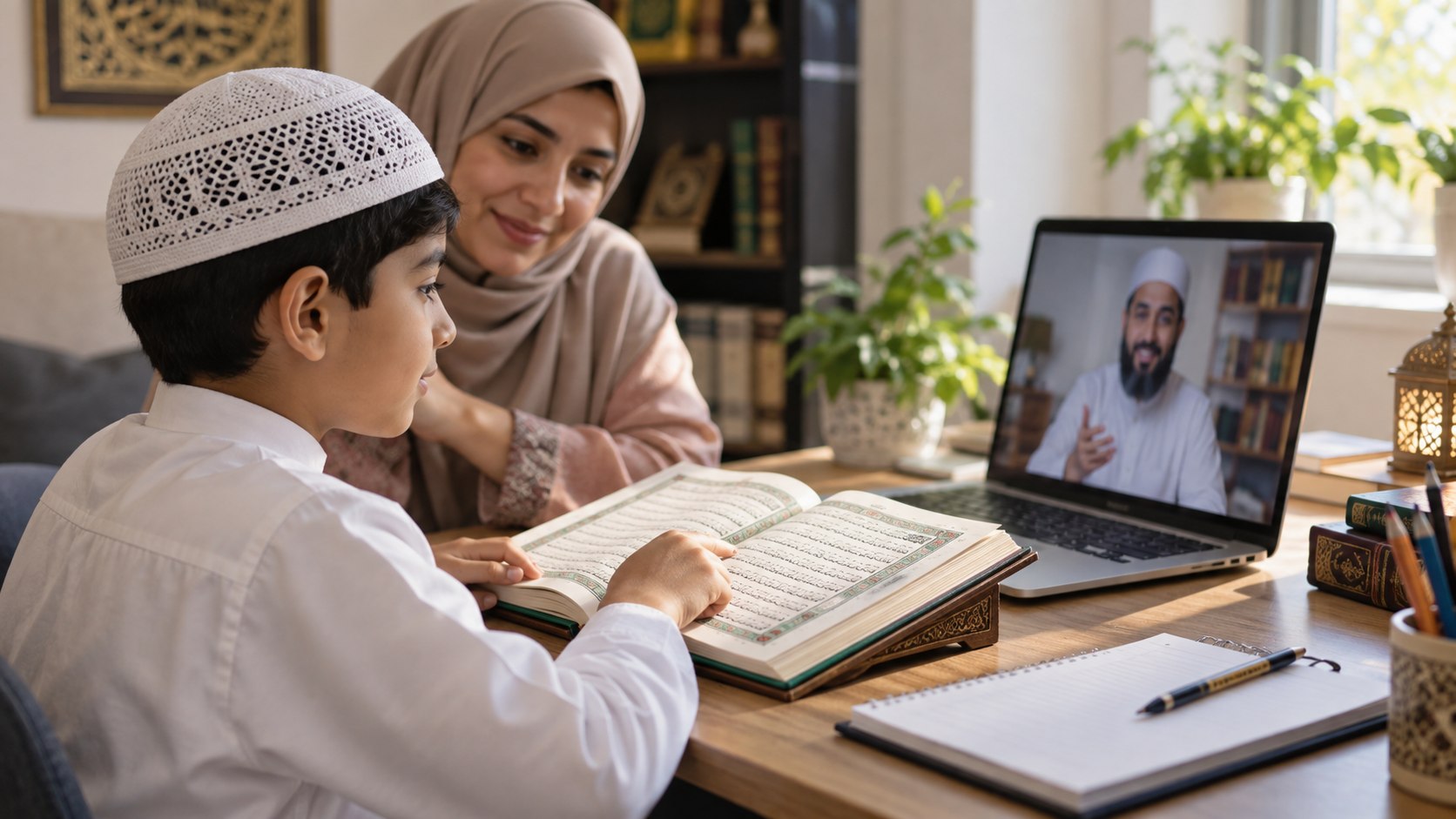 Student learning Arabic alphabets and Noorani Qaida rules during online Quran lesson