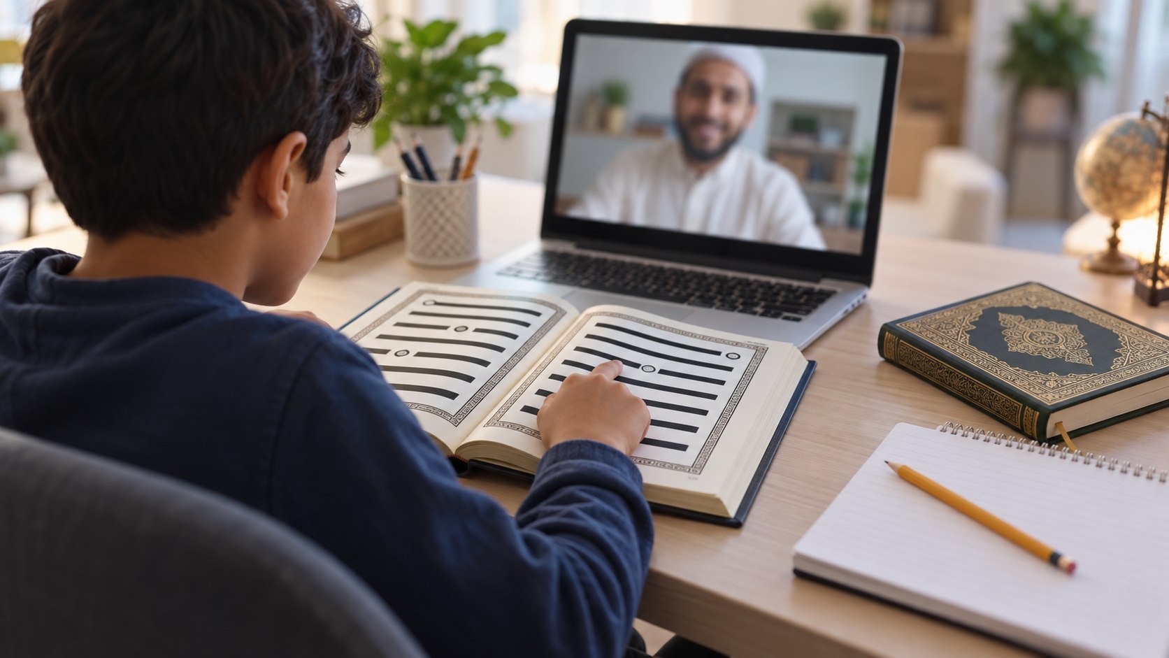 Compassionate patient tutor guiding neurodivergent student through adaptive online Quran lesson