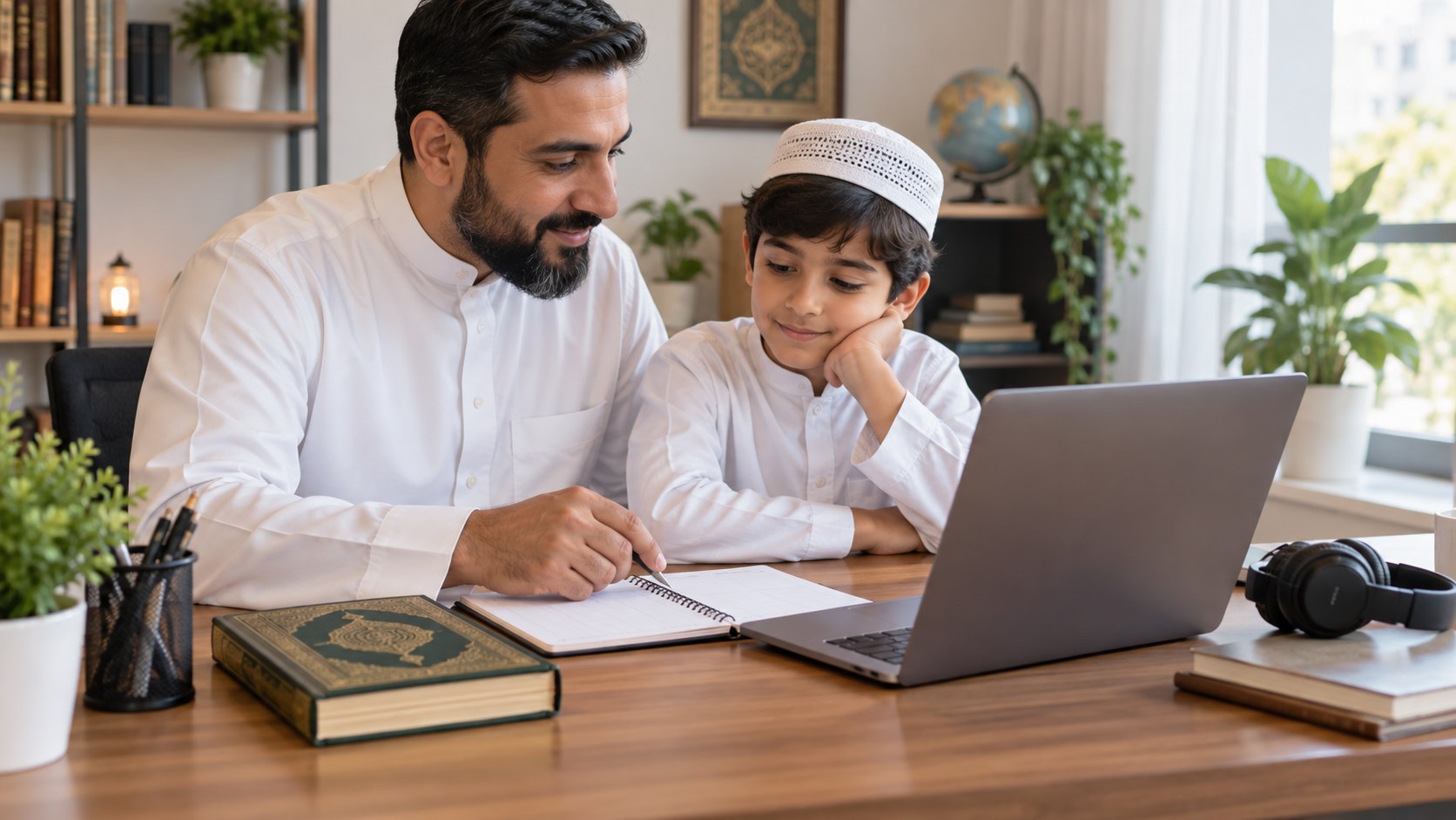 Parent and learner planning online Quran classes together at home