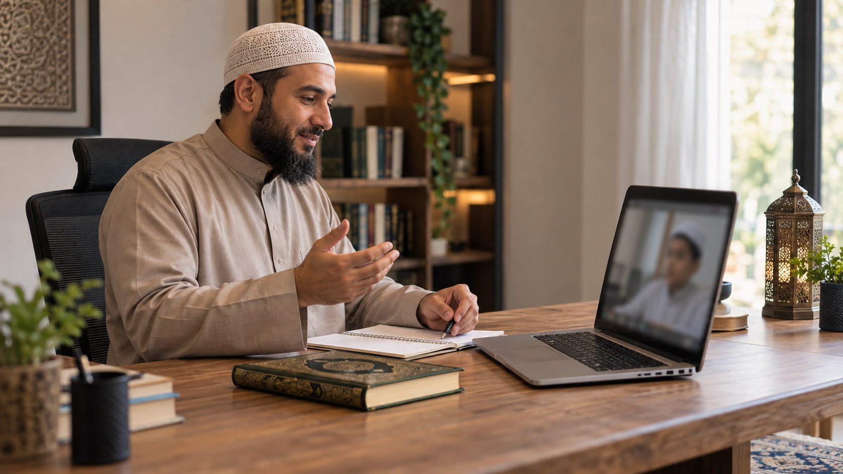 Iqra Quran Center instructor conducting live 1-on-1 Quran recitation in dedicated digital workspace